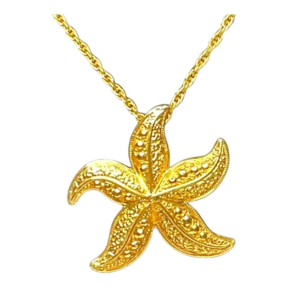 Vintage Gold Tone Starfish Pendant Necklace Nautical Coastal Beach Jewelry